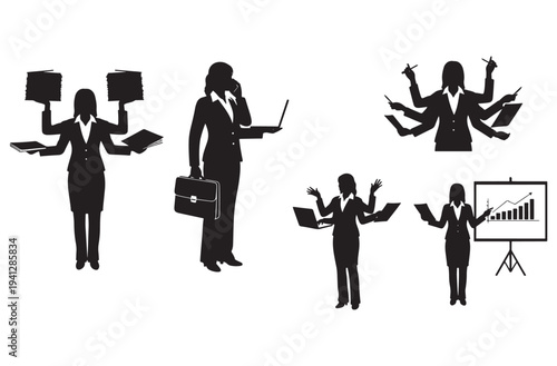 Multitasking business woman silhouettes illustrating stress at work and management skills through several arms holding laptops documents and briefcases for productivity concepts