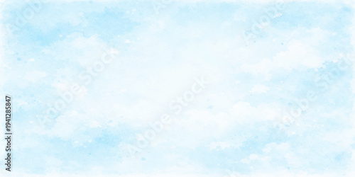 Light blue and white abstract watercolor background with soft cloud wash texture, gentle paint splatter and minimal pastel artistic sky design on paper surface.