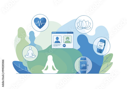Digital wellness and mindfulness concept with meditation and health icons.