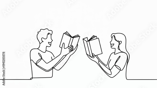 Man and woman reading books together in simple line art style sharing knowledge