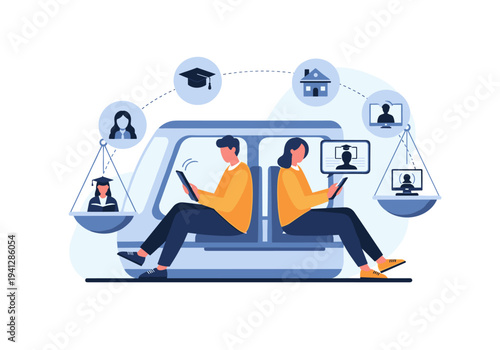 Couple sitting in a car with scales of justice and various icons surrounding them.