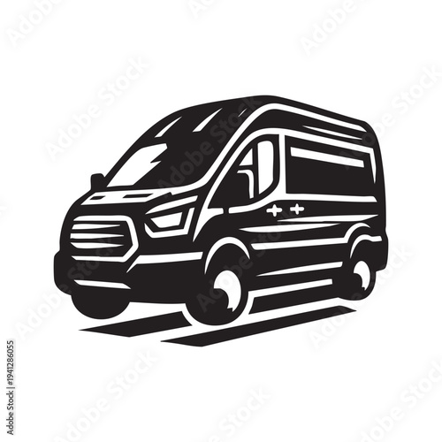 Black and white illustration of a modern van