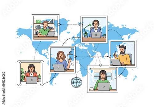 Global remote work collaboration with diverse professionals on laptops.