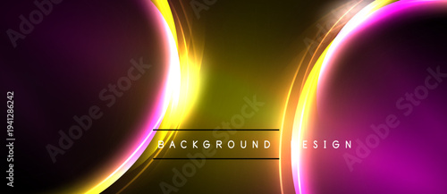 Abstract background features curved lines, vibrant colors. Gold, purple hues dominate dark space. Text reads background design.