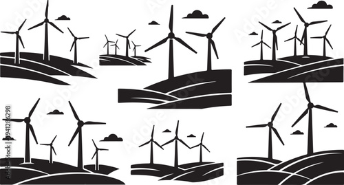 Wind Turbines Generating Clean Renewable Energy Silhouette Vector Illustration