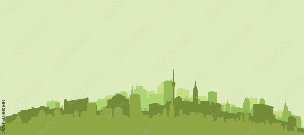 Fototapeta premium Green panoramic poster of the city skyline with solid background buildings on a hilly terrain of STUTTGART, GERMANY