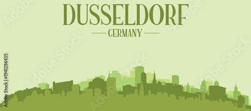 Green panoramic poster of the city skyline with solid background buildings on a hilly terrain of DUSSELDORF, GERMANY