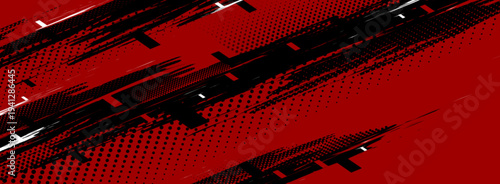 Dynamic red sport background with black halftone pattern, white accents and abstract speed lines, vector banner. Energetic motion effect with grunge texture for athletic events design, presentations.
