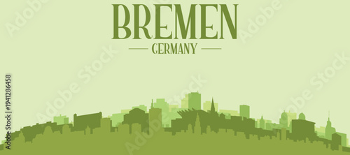 Green panoramic poster of the city skyline with solid background buildings on a hilly terrain of BREMEN, GERMANY