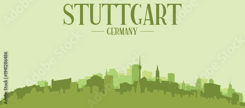Green panoramic poster of the city skyline with solid background buildings on a hilly terrain of STUTTGART, GERMANY