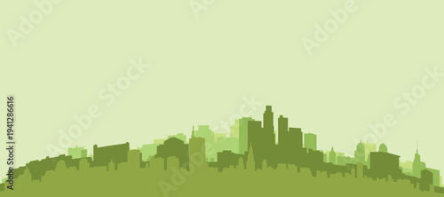 Green panoramic poster of the city skyline with solid background buildings on a hilly terrain of LOS ANGELES, CALIFORNIA