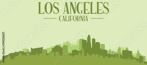 Green panoramic poster of the city skyline with solid background buildings on a hilly terrain of LOS ANGELES, CALIFORNIA