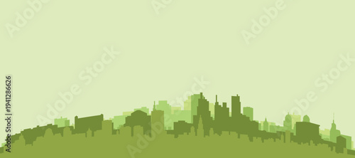 Green panoramic poster of the city skyline with solid background buildings on a hilly terrain of DETROIT, MICHIGAN