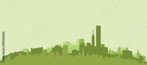 Green panoramic poster of the city skyline with solid background buildings on a hilly terrain of CHICAGO, ILLINOIS