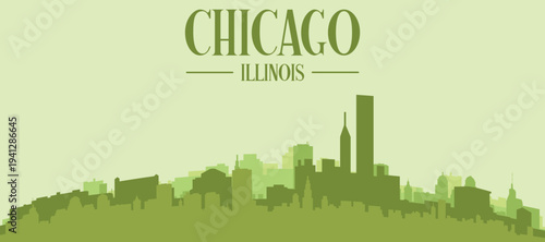 Green panoramic poster of the city skyline with solid background buildings on a hilly terrain of CHICAGO, ILLINOIS