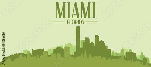 Green panoramic poster of the city skyline with solid background buildings on a hilly terrain of MIAMI, FLORIDA