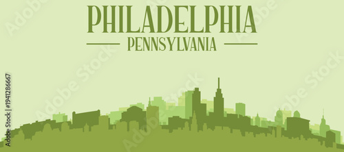 Green panoramic poster of the city skyline with solid background buildings on a hilly terrain of PHILADELPHIA, PENNSYLVANIA