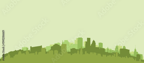 Green panoramic poster of the city skyline with solid background buildings on a hilly terrain of BOSTON, MASSACHUSETTS