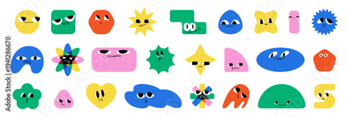 Cute cartoon shapes with funny faces and happy smiles, vector set isolated on white background. Colorful geometric characters with eyes and different emotions, kids designs and creative projects.