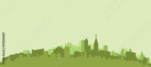 Green panoramic poster of the city skyline with solid background buildings on a hilly terrain of PHILADELPHIA, PENNSYLVANIA