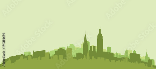 Green panoramic poster of the city skyline with solid background buildings on a hilly terrain of NEW YORK CITY, NEW YORK