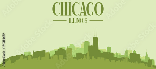 Green panoramic poster of the city skyline with solid background buildings on a hilly terrain of CHICAGO, ILLINOIS