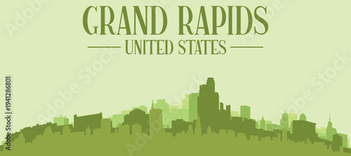 Green panoramic poster of the city skyline with solid background buildings on a hilly terrain of GRAND RAPIDS, UNITED STATES