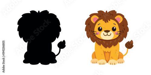 Cute baby lion cartoon with shadow silhouette for kids educational game
