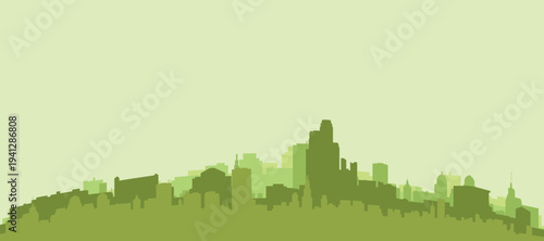 Green panoramic poster of the city skyline with solid background buildings on a hilly terrain of GRAND RAPIDS, UNITED STATES