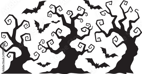 Halloween trees with bats and spooky faces illustration design