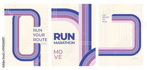 Marathon poster set, vector backgrounds. Sport banners collection with abstract running tracks, color lines with dynamic speed effect, race events design, competition layout template, invitation cards