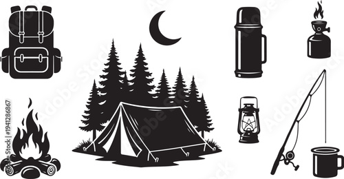 Camping icons and symbols for outdoor adventure travel