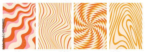 Groovy swirl pattern, abstract vector background. Funky spiral banner set with psychedelic texture, retro cards with radial distorted lines, wavy strips, trippy twisted graphic design in vintage color