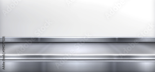 Steel kitchen counter with shiny metal surface. Modern 3D realistic vector background for product display. Empty glossy countertop in grey tones with steel texture and clean design.