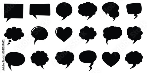 Collection of black speech bubbles and heart shapes on white background