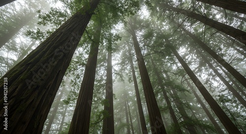 Tall Redwood Trees in Foggy Forest with Green Foliage and Misty Atmosphere