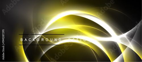 Abstract yellow neon lights form flowing curves. Dark background emphasizes bright energy, modern design elements present.