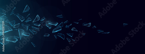 Shattered glass pieces, exploding ice crystal fragments, 3d realistic vector banner. Broken mirror shards flying on black background with dramatic crack effect. Sharp debris border