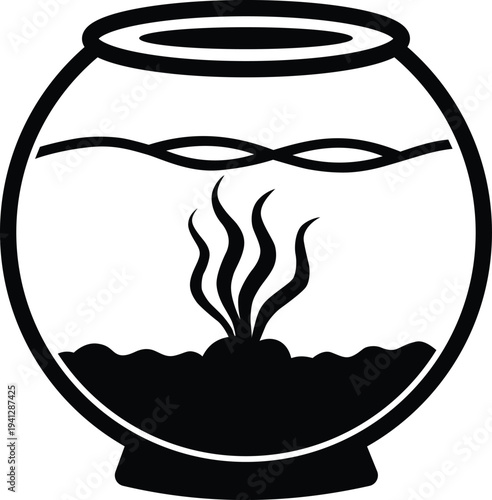 Round glass fishbowl with aquatic plant