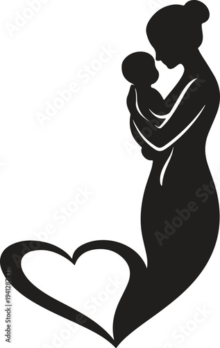 Mother holding baby with heart symbol, motherhood love and maternal bond concept, minimalist black silhouette vector isolated on white background