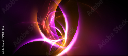 Abstract energy flows, vibrant purple, orange hues. Dynamic curves create luminous patterns, dark background emphasizes brightness.