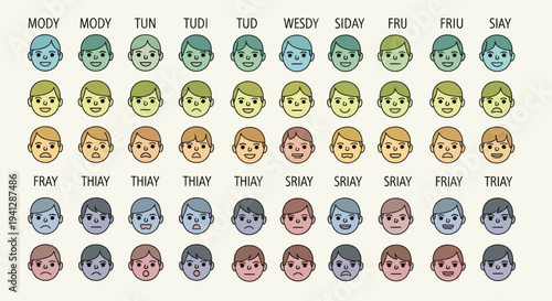 A grid displays a week's worth of daily mood variations using cartoon faces with different expressions and colors.