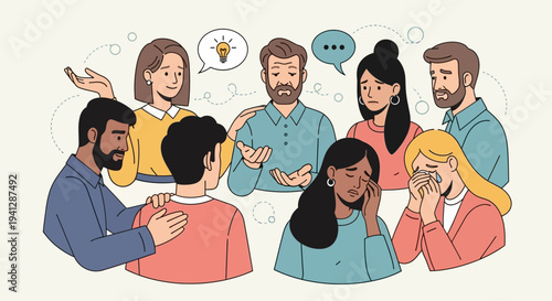 Diverse group of people expressing various emotions and feelings in a semi-circular arrangement.