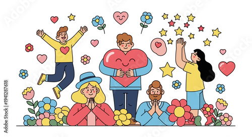 A group of diverse happy people expressing positive emotions with floating hearts, stars, and flowers on a colorful gradient background.