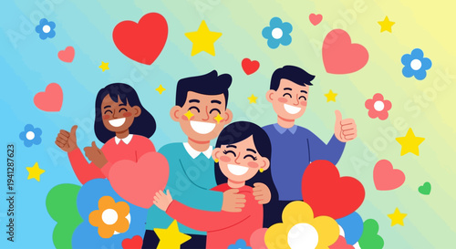 A group of diverse happy people expressing positive emotions with floating hearts, stars, and flowers on a colorful gradient background.