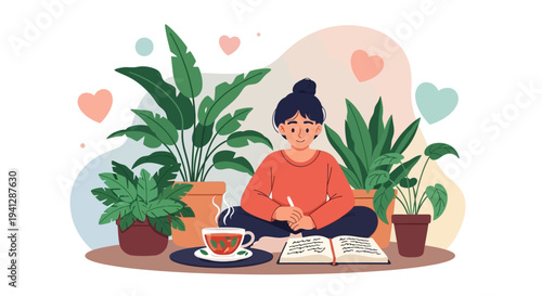 A young woman sits cross-legged among lush green houseplants, writing in a journal with a cup of tea beside her.