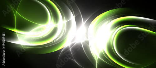 Abstract design features glowing curves, bright center. Green, white hues dominate dark background. Dynamic, flowing shapes create energy.