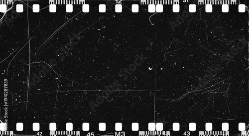 Black film strip with white perforations on a white background