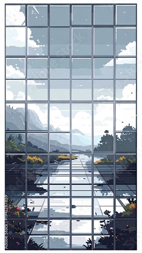 Pixelated building window frames view of mountains and river