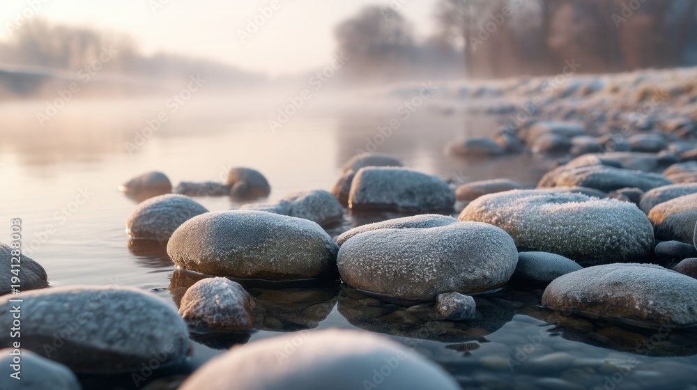 Fototapeta premium Frosted stones by a river bank covered in morning mist. Cold winter landscape with ice crystals on smooth rocks near water. Serene nature scenery during a freezing dawn in late autumn.